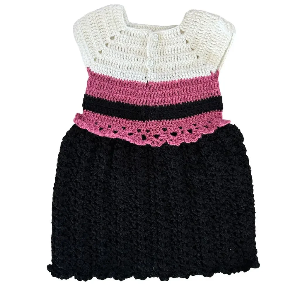 Handmade Crochet Toddler Dress 12-18M Pink Black White Minnie Inspired Bow